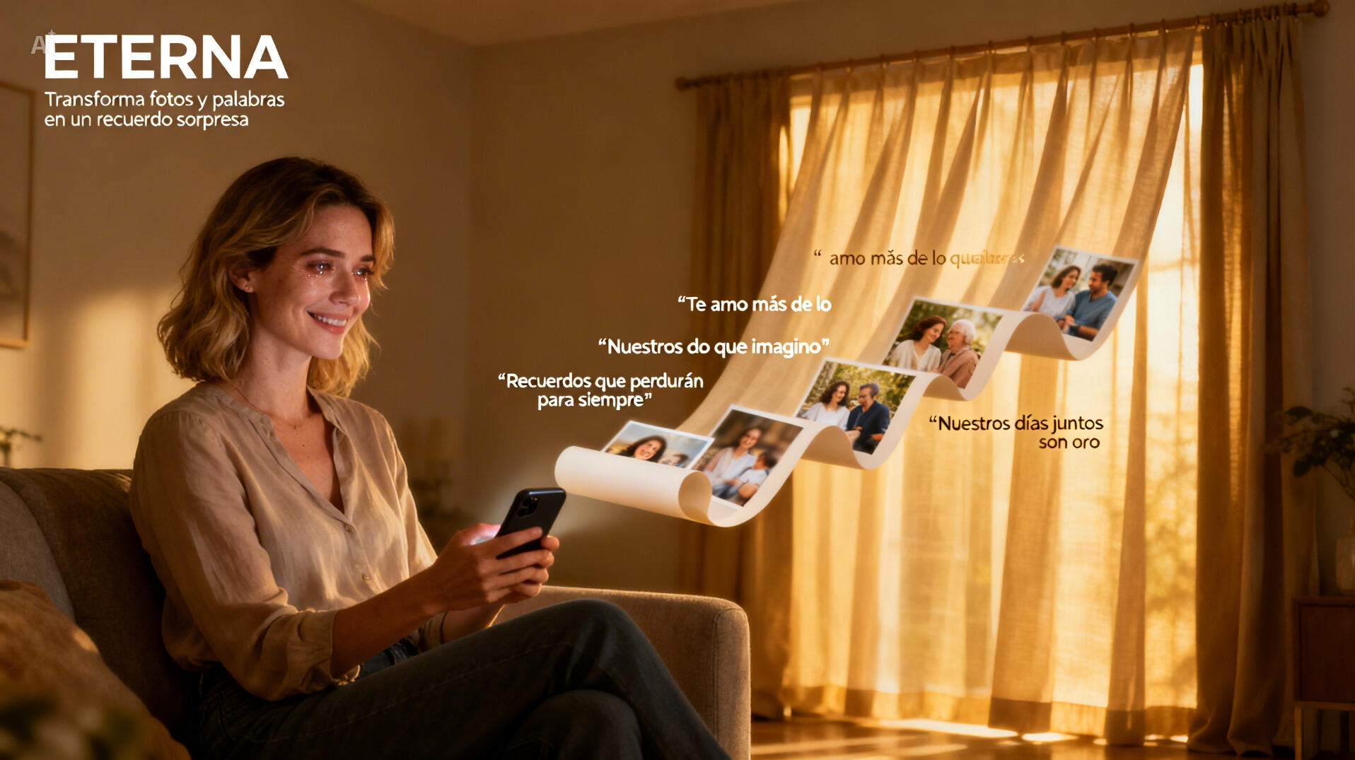 Cómo funciona 1. CREA Sube 6 fotos y escribe 3 frases. 2. SORPRENDE Envía el enlace a esa persona. 3.EMOCIONA Las fotos se convierten en un recuerdo inolvidable.